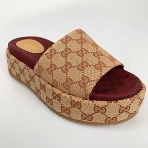NIB Gucci GG Supreme Monogram Beige Angelina Platform Slide Sandals Size 38